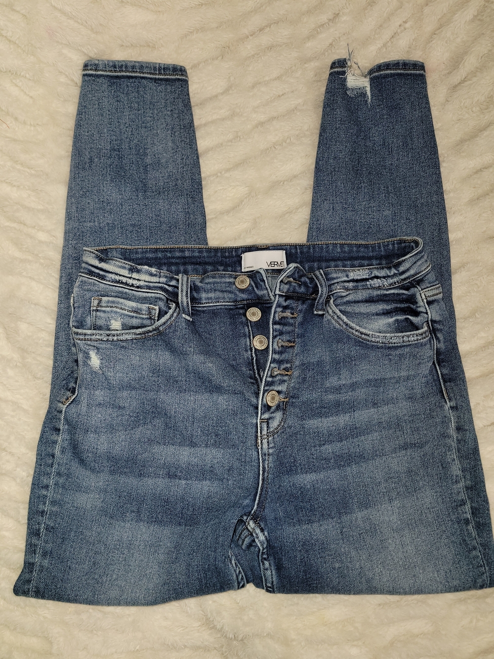 VERVET High-Rise Button-Fly Cropped Jeans in Medium Blue (MISSING BUTTON)